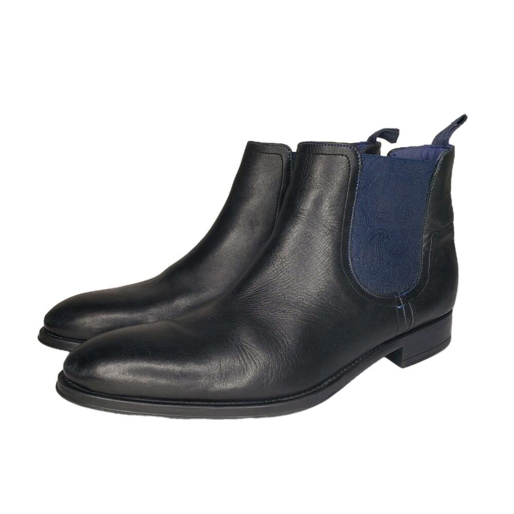 Ted Baker London Black Leather Chelsea Boots with Navy Elastic Panels